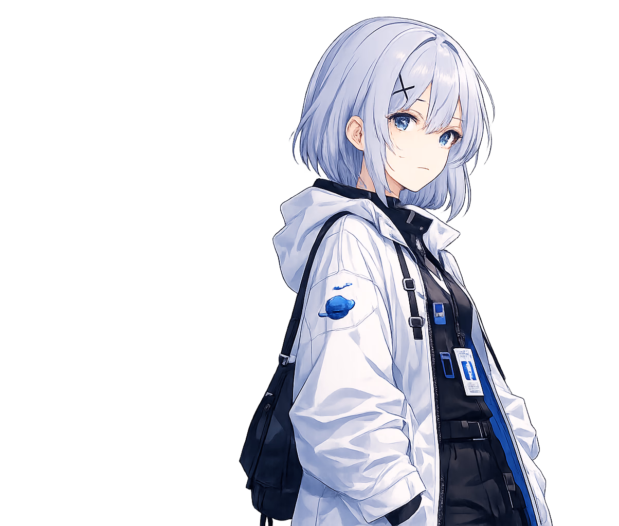 Astra, an original Danna companion with short navy hair, holding a planner
