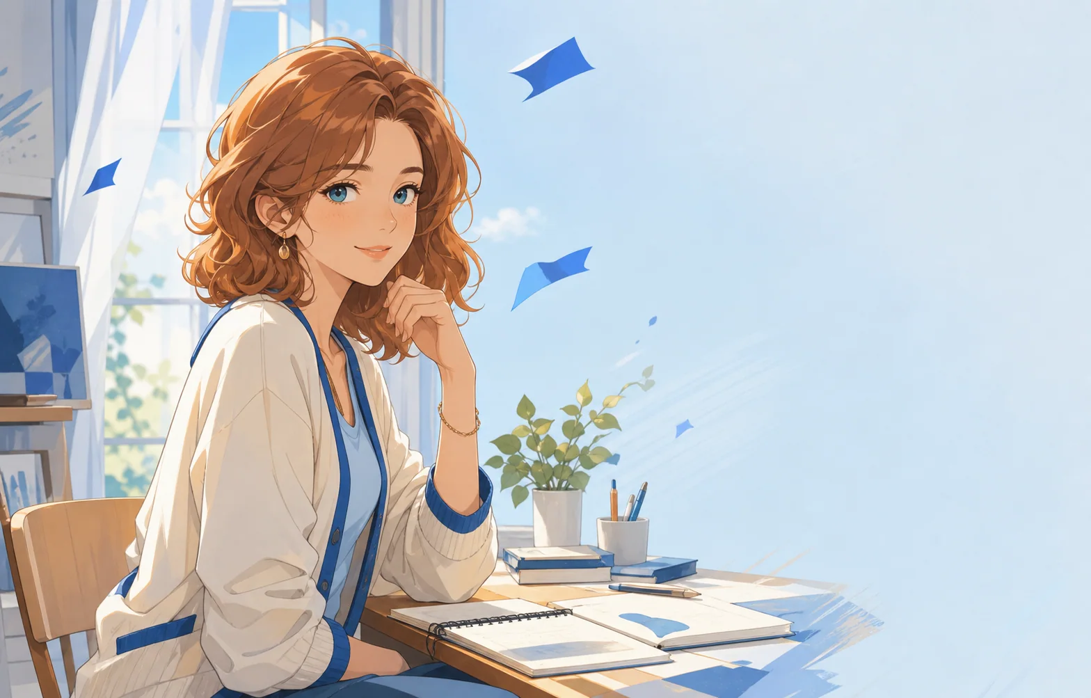 Nami, an original creative study companion, sitting at a sunlit desk